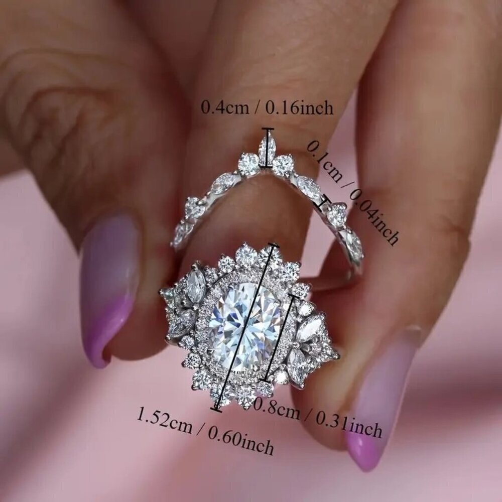 2-piece Wedding Ring Set Oval CZ Crystal Engagement Cubic Zirconia NEW Size 8 - Picture 5 of 5